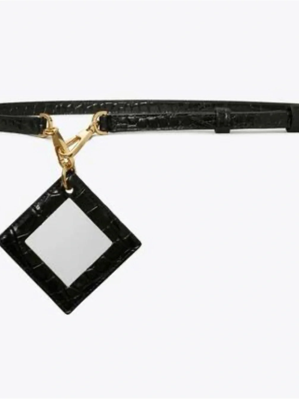 Tory Burch Black Croc-Embossed Belt with Square Mirror Charm M/L